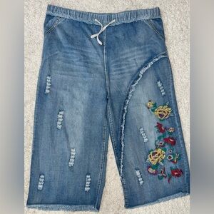 YesNo floral embroidered wide leg distressed boho jeans